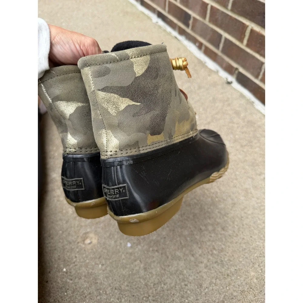 Sperry Saltwater Camo Duck Boots Womens Sz 10 Black Gold Metallic STS86694 Ankle